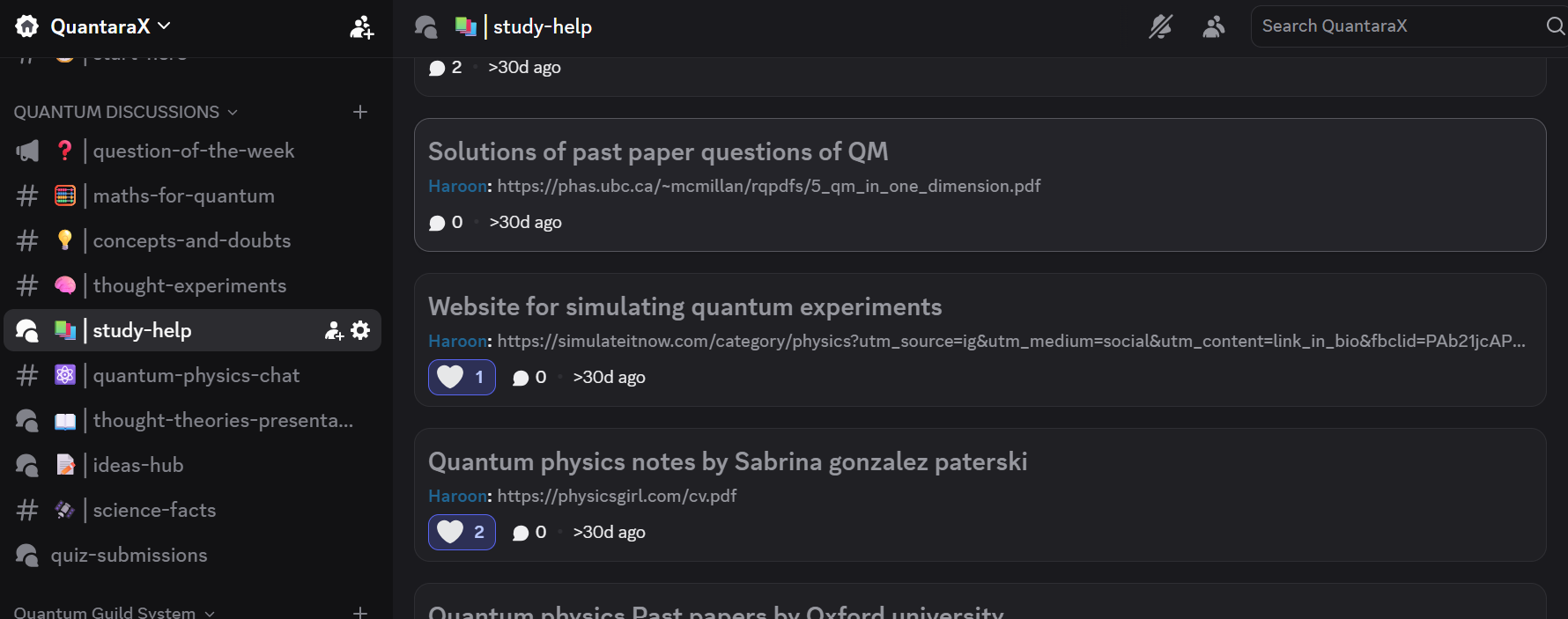 Archived QuantaraX Discord study-help channel showing quantum resource posts